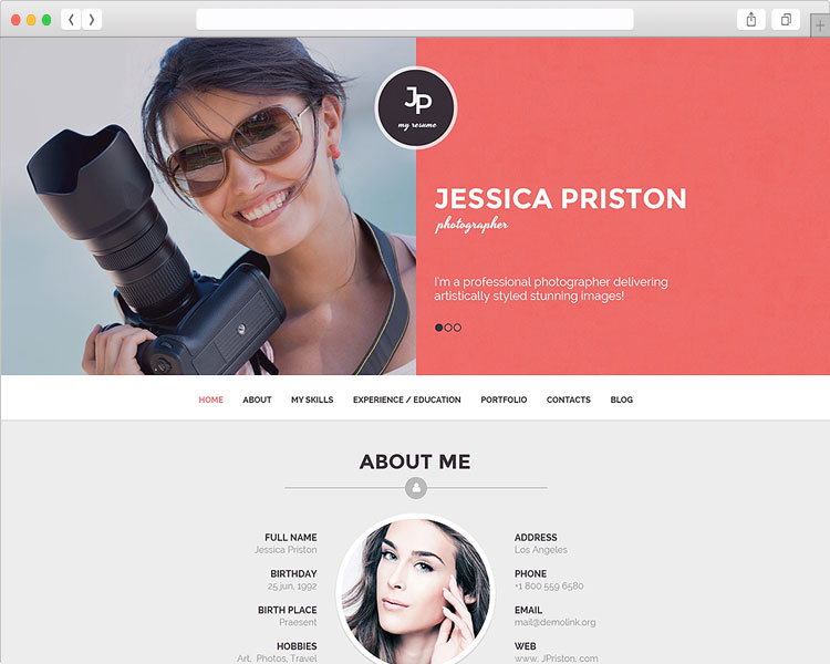 Jessica - Photographer CV WordPress Theme