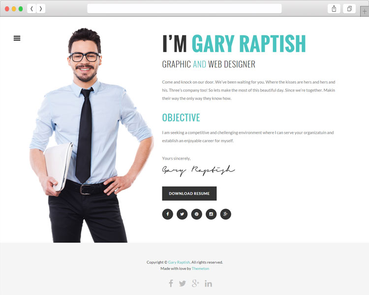 Raptish - Beautiful Design vCard/Resume WordPress Theme