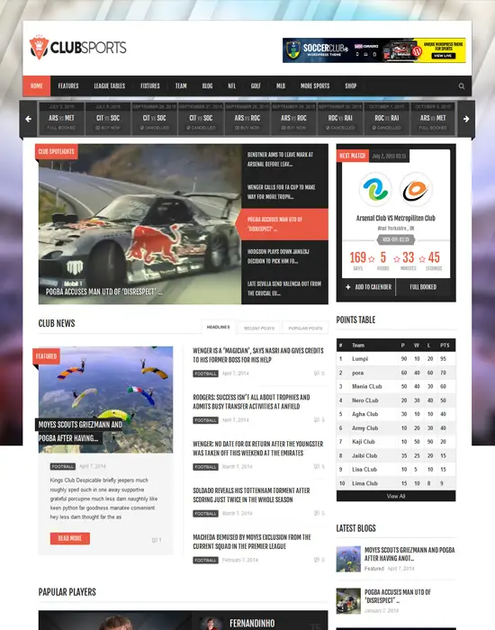 Club Sports - Events and Sports News WordPress Theme