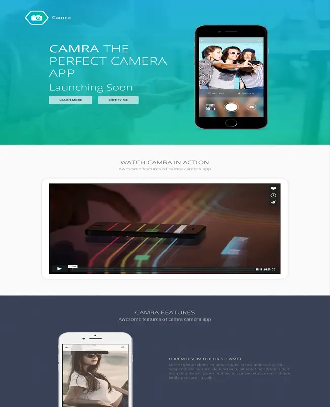 Camra - Mobile App Coming Soon Landing Page Website Template
