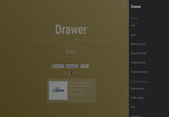 Drawer - A small CSS3 and jQuery plugin for app style drawer menu