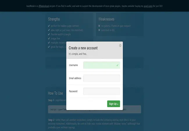 LeanModal - Free super simple JQuery plugin for modal windows