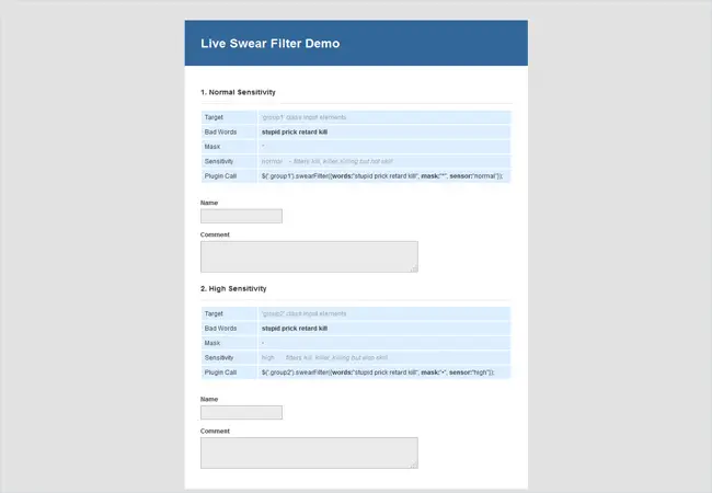 Live Swear - Comments Words Filter jQuery Plugin