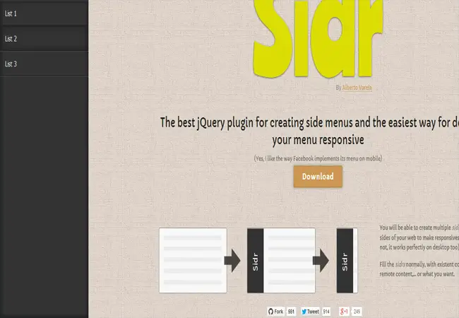 Sidr- jQuery Plugin for Creating Side menu 