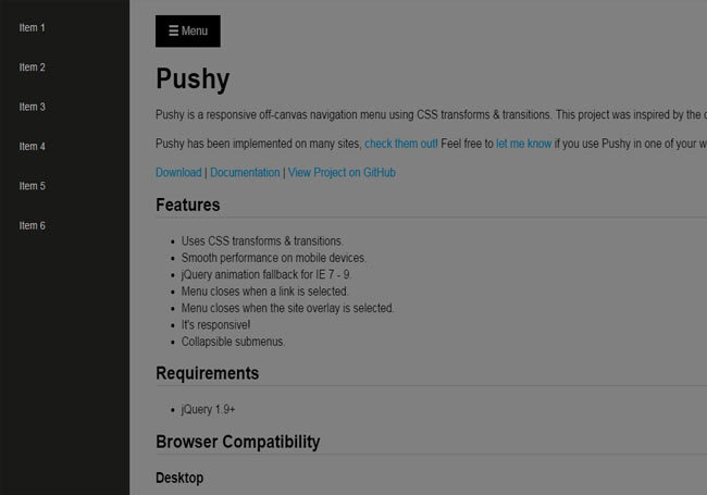 Pushy - jQuery Off-canvas menu with css3 transform and Transition