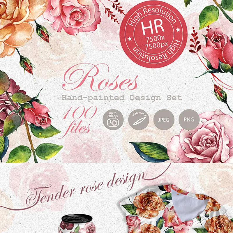 Stunning Roses PNG Watercolor Set Illustration